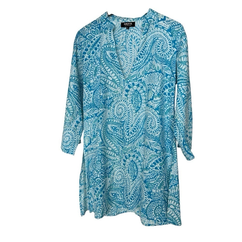 ANAYA Women's XL Blue Paisley Tunic Dress V-Neck Long Sleeve Casual Cotton Beach